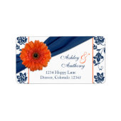 Sinaasappel Daisy Navy Damask Bruiloft Retouradres Etiket (Voorkant)