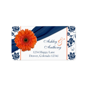 Sinaasappel Daisy Navy Damask Bruiloft Retouradres Etiket