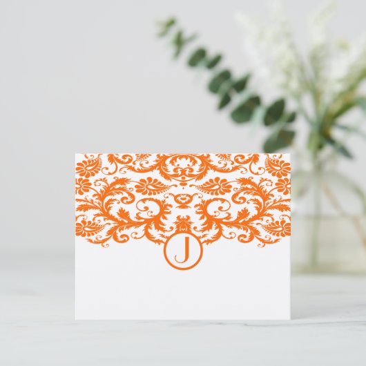 Sinaasappel Damask Monogram Wedding RSVP Kaarten (Staand voorkant)