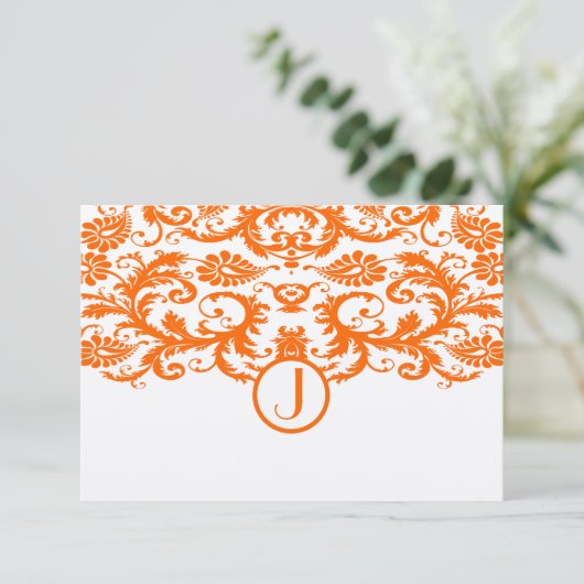 Sinaasappel Damask Monogram Wedding RSVP Kaarten (Staand voorkant)