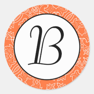 Sinaasappel Damast Patroon Monogram Initiaal Stick Ronde Sticker