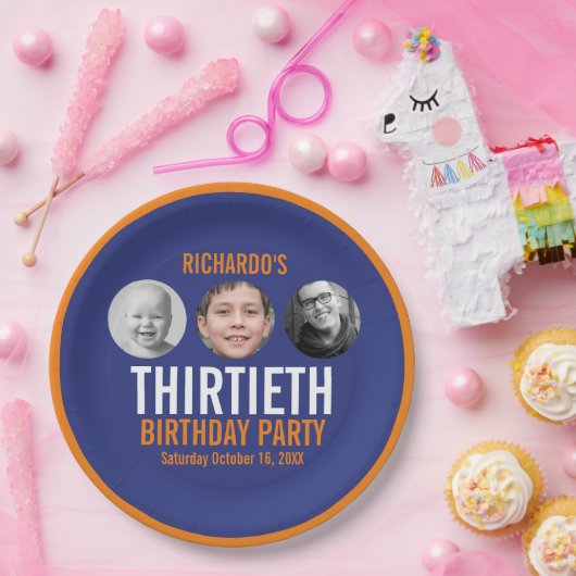 Sinaasappel donkerblauw 30e dertigste 3 foto's Ver Papieren Bordje (Feest)