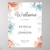 Sinaasappel dustyblue bloemenbruiloft welkomstbord poster (Voorkant)