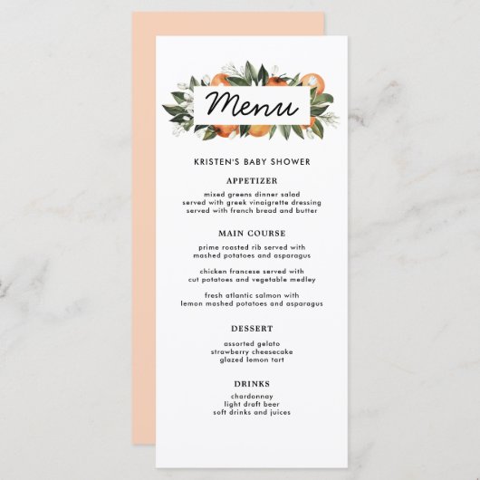 Sinaasappel Een beetje cutie is op de weg Baby sho Menu (Voorkant / Achterkant)