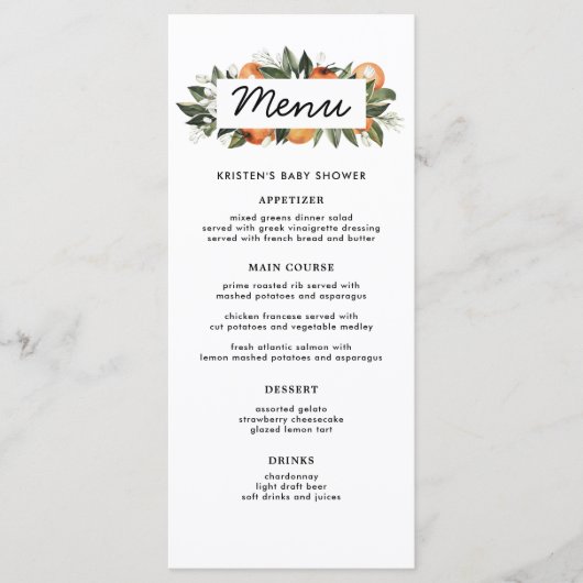 Sinaasappel Een beetje cutie is op de weg Baby sho Menu