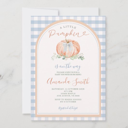 Sinaasappel Een beetje pompoenblauw Gingham Baby s Kaart (Voorkant)