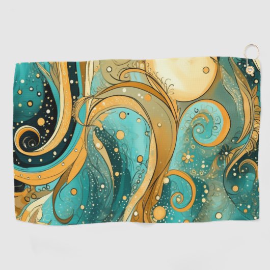 Sinaasappel en Aqua Galaxy Met manen Sterren en we Golfhanddoek (Horizontaal)