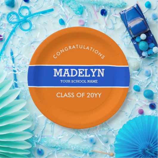 Sinaasappel en blauw aangepast Afstuderen Bord (Feest)
