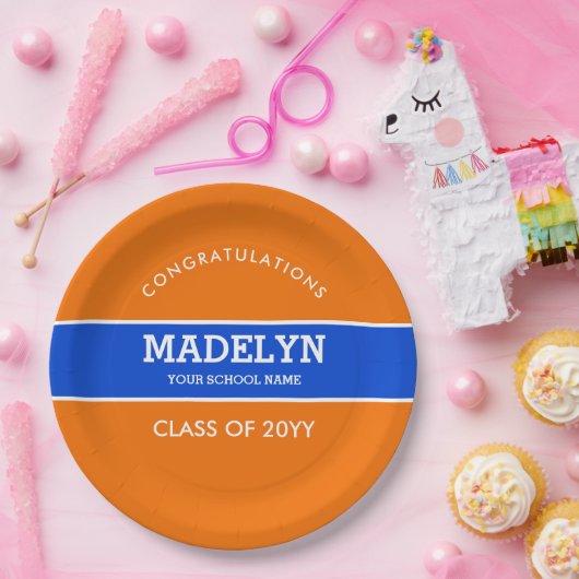 Sinaasappel en blauw aangepast Afstuderen Bord (Feest)