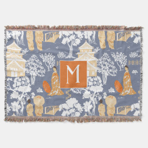 Sinaasappel en Blauw Chinoiserie Pagodas Monogram Deken