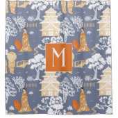 Sinaasappel en Blauw Chinoiserie Pagodas Monogram Douchegordijn (Voorkant)