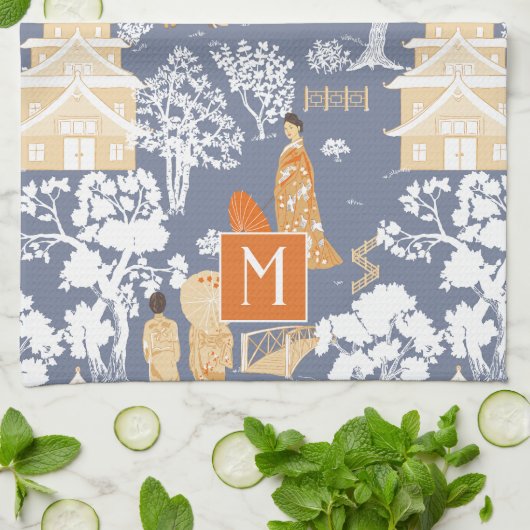 Sinaasappel en Blauw Chinoiserie Pagodas Monogram Theedoek (Gevouwen)