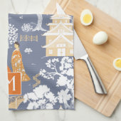 Sinaasappel en Blauw Chinoiserie Pagodas Monogram Theedoek (Quarter Fold)
