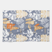 Sinaasappel en Blauw Chinoiserie Pagodas Monogram Theedoek (Horizontaal)