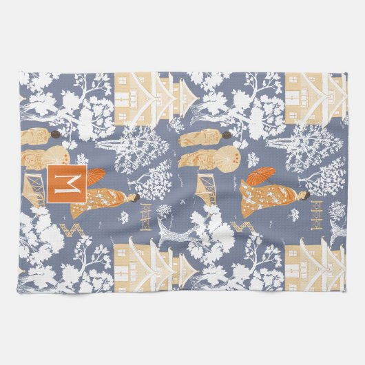 Sinaasappel en Blauw Chinoiserie Pagodas Monogram Theedoek (Horizontaal)