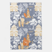 Sinaasappel en Blauw Chinoiserie Pagodas Monogram Theedoek (Verticaal)