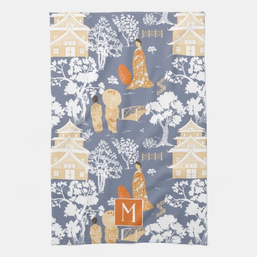 Sinaasappel en Blauw Chinoiserie Pagodas Monogram Theedoek (Verticaal)