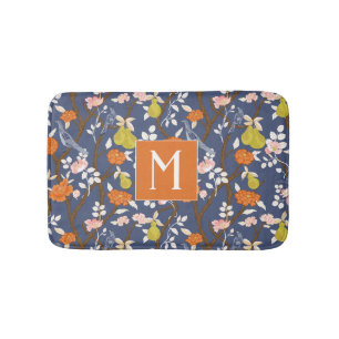 Sinaasappel en Blauw Chinoiserie Vogels Monogram Badmat