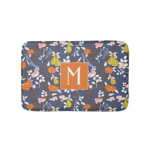 Sinaasappel en Blauw Chinoiserie Vogels Monogram Badmat (Voorkant)