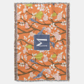 Sinaasappel en Blauw Chinoiserie Vogels Monogram Deken (Voorkant Verticaal)