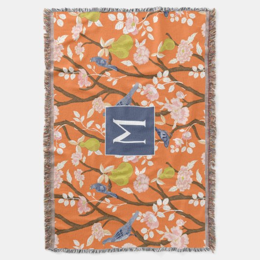 Sinaasappel en Blauw Chinoiserie Vogels Monogram Deken (Voorkant Verticaal)