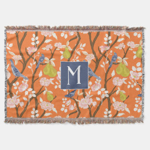 Sinaasappel en Blauw Chinoiserie Vogels Monogram Deken
