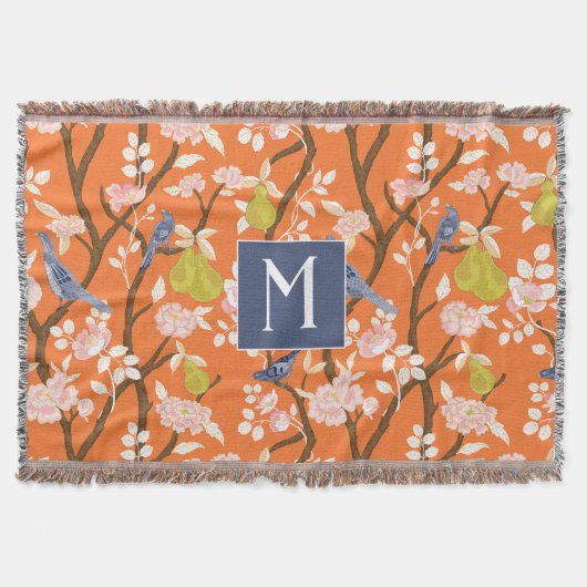 Sinaasappel en Blauw Chinoiserie Vogels Monogram Deken (Voorkant)