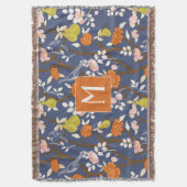 Sinaasappel en Blauw Chinoiserie Vogels Monogram Deken (Voorkant Verticaal)