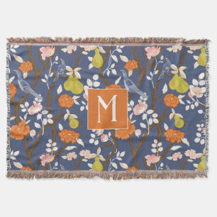 Sinaasappel en Blauw Chinoiserie Vogels Monogram Deken