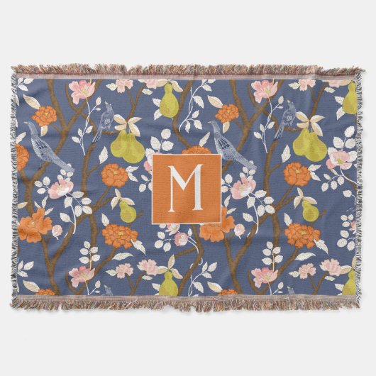 Sinaasappel en Blauw Chinoiserie Vogels Monogram Deken (Voorkant)