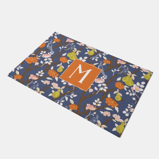 Sinaasappel en Blauw Chinoiserie Vogels Monogram Deurmat (Schuin)