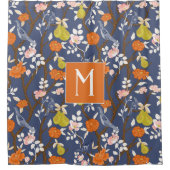 Sinaasappel en Blauw Chinoiserie Vogels Monogram Douchegordijn (Voorkant)