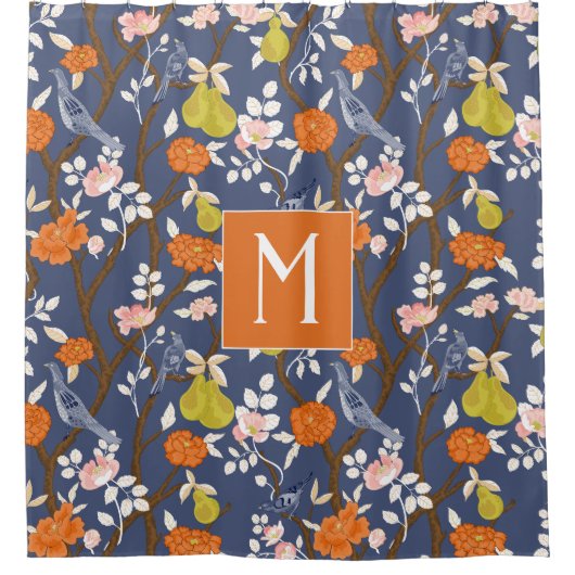 Sinaasappel en Blauw Chinoiserie Vogels Monogram Douchegordijn (Voorkant)