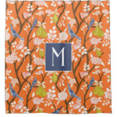 Sinaasappel en Blauw Chinoiserie Vogels Monogram Douchegordijn (Voorkant)
