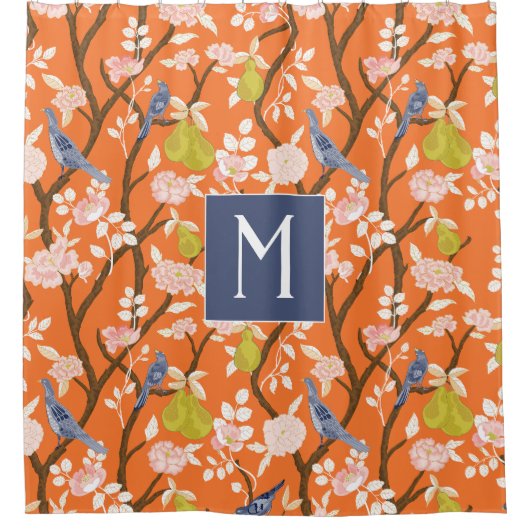 Sinaasappel en Blauw Chinoiserie Vogels Monogram Douchegordijn (Voorkant)