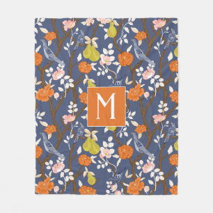 Sinaasappel en Blauw Chinoiserie Vogels Monogram Fleece Deken
