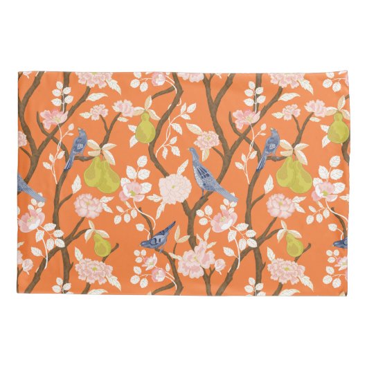 Sinaasappel en Blauw Chinoiserie Vogels Monogram Kussensloop (Achterkant)