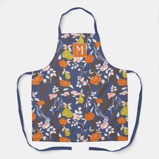 Sinaasappel en Blauw Chinoiserie Vogels Monogram Schort (Voorkant)