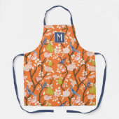 Sinaasappel en Blauw Chinoiserie Vogels Monogram Schort (Voorkant)