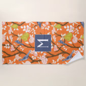 Sinaasappel en Blauw Chinoiserie Vogels Monogram Strandlaken (Voorkant)