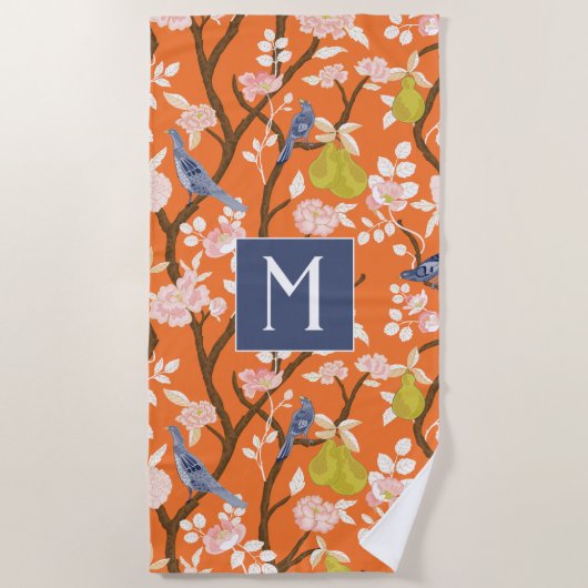 Sinaasappel en Blauw Chinoiserie Vogels Monogram Strandlaken (Voorkant)