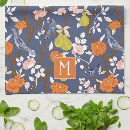 Sinaasappel en Blauw Chinoiserie Vogels Monogram Theedoek (Gevouwen)