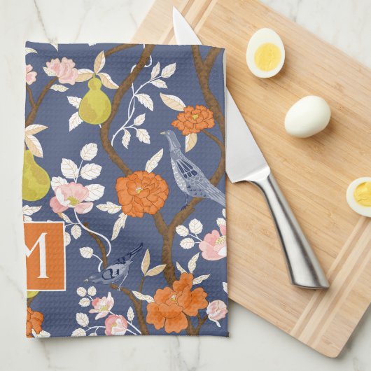 Sinaasappel en Blauw Chinoiserie Vogels Monogram Theedoek (Quarter Fold)