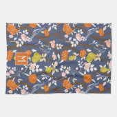 Sinaasappel en Blauw Chinoiserie Vogels Monogram Theedoek (Horizontaal)