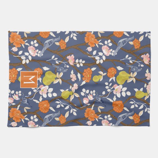 Sinaasappel en Blauw Chinoiserie Vogels Monogram Theedoek (Horizontaal)