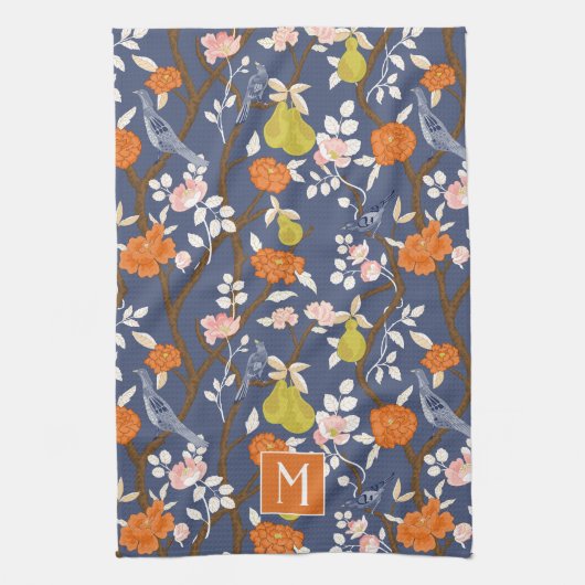 Sinaasappel en Blauw Chinoiserie Vogels Monogram Theedoek (Verticaal)