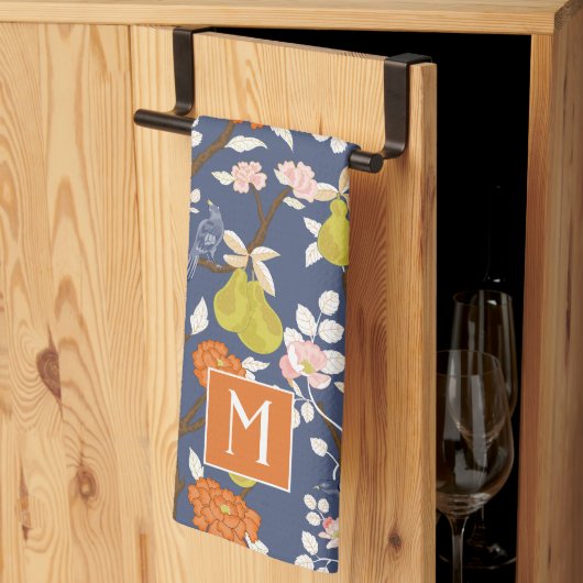 Sinaasappel en Blauw Chinoiserie Vogels Monogram Theedoek (Derde Gevouwen)