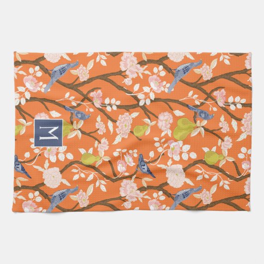 Sinaasappel en Blauw Chinoiserie Vogels Monogram Theedoek (Horizontaal)
