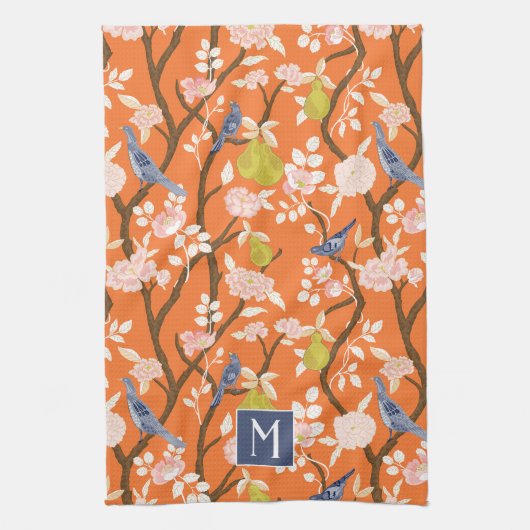 Sinaasappel en Blauw Chinoiserie Vogels Monogram Theedoek (Verticaal)