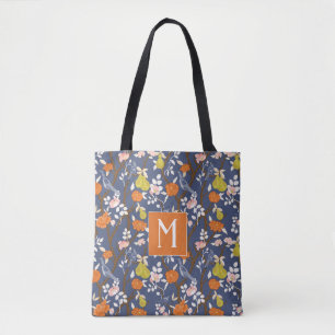 Sinaasappel en Blauw Chinoiserie Vogels Monogram Tote Bag